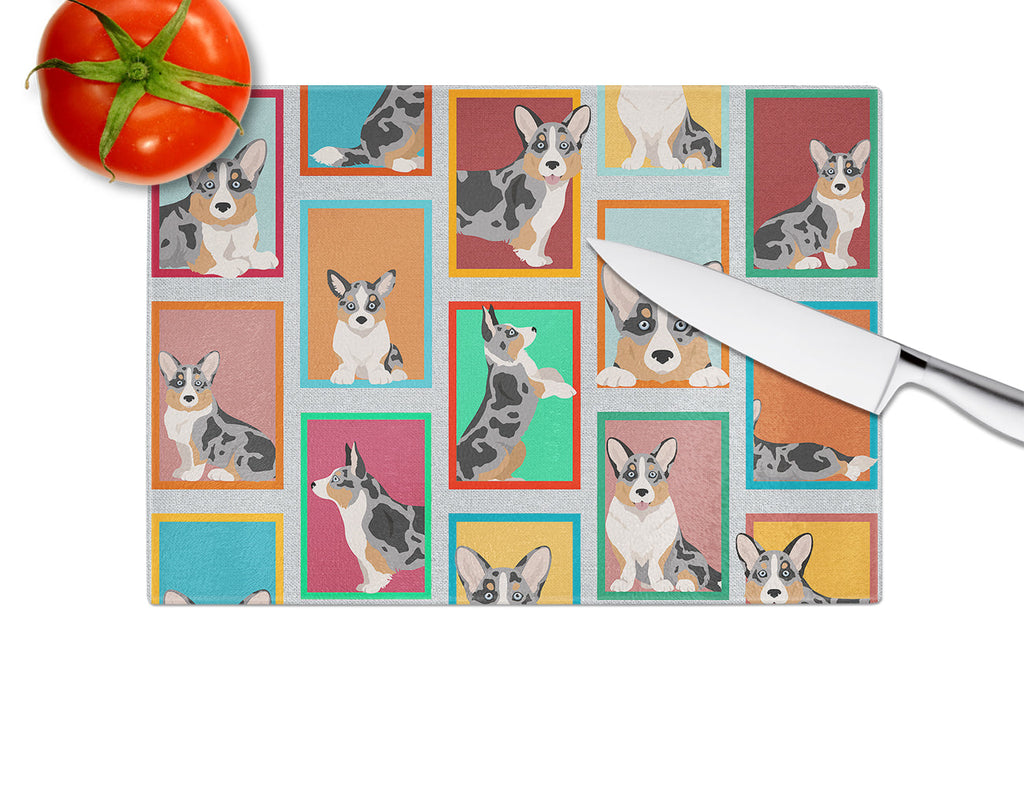 Lots of Blue Merle Welsh Cardigan Corgi Cutting Board Tempered Glass Kitchen Cutting Surface, Heat Resistant Chopping, Non-Slip Feet, Food Prep & Serving