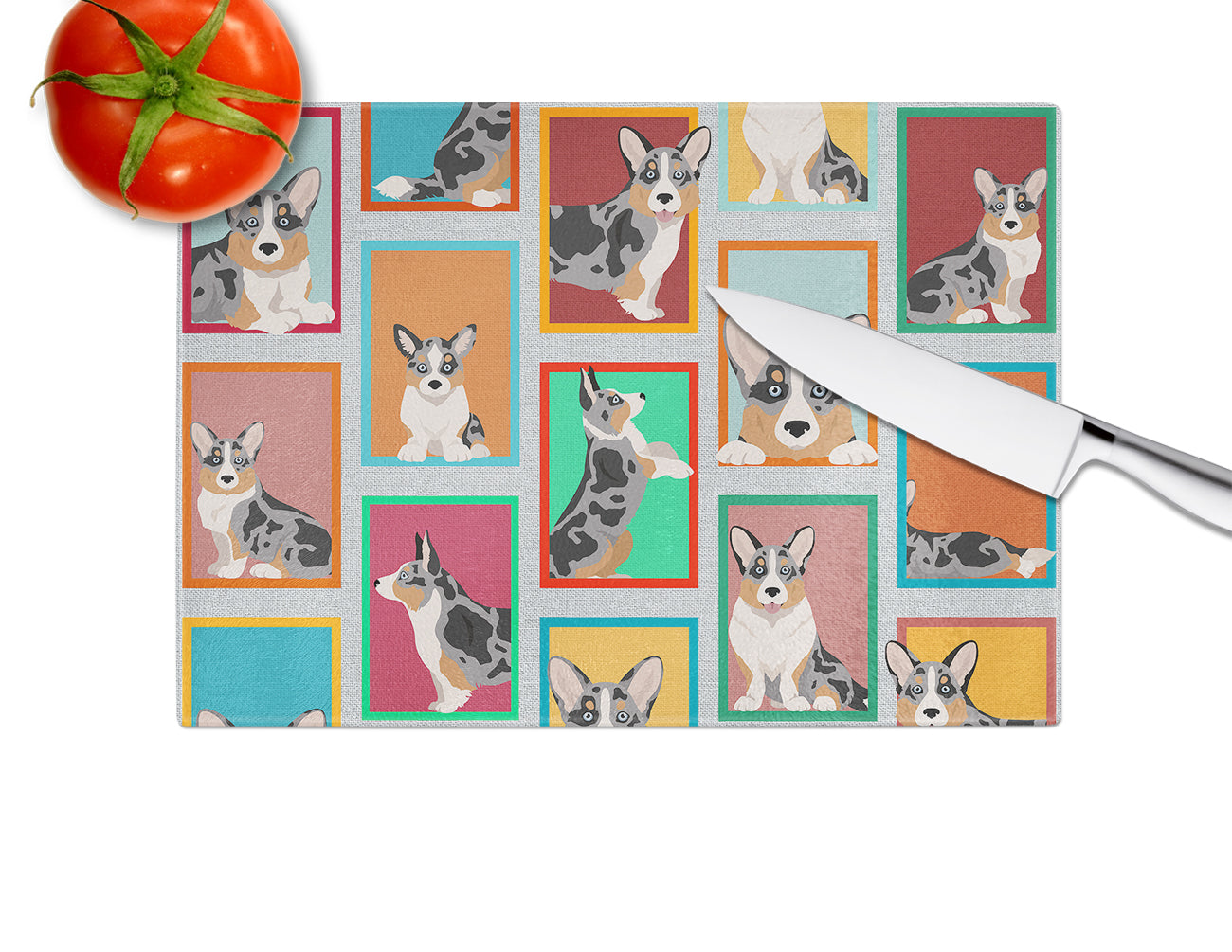 Lots of Blue Merle Welsh Cardigan Corgi Cutting Board Tempered Glass Kitchen Cutting Surface, Heat Resistant Chopping, Non-Slip Feet, Food Prep & Serving