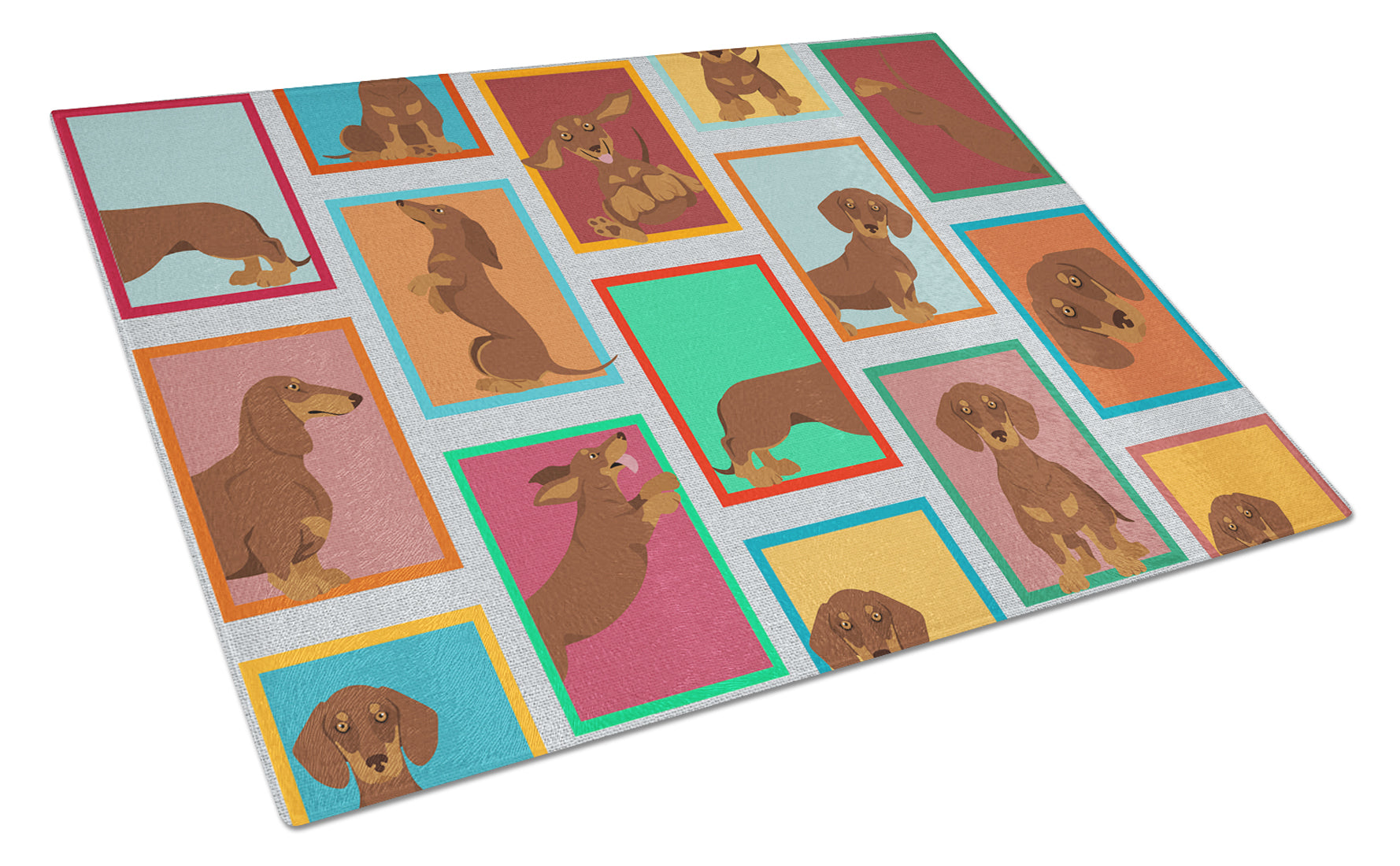 Lots of Chocolate and Tan Dachshund Cutting Board Tempered Glass Kitchen Cutting Surface, Heat Resistant Chopping, Non-Slip Feet, Food Prep & Serving
