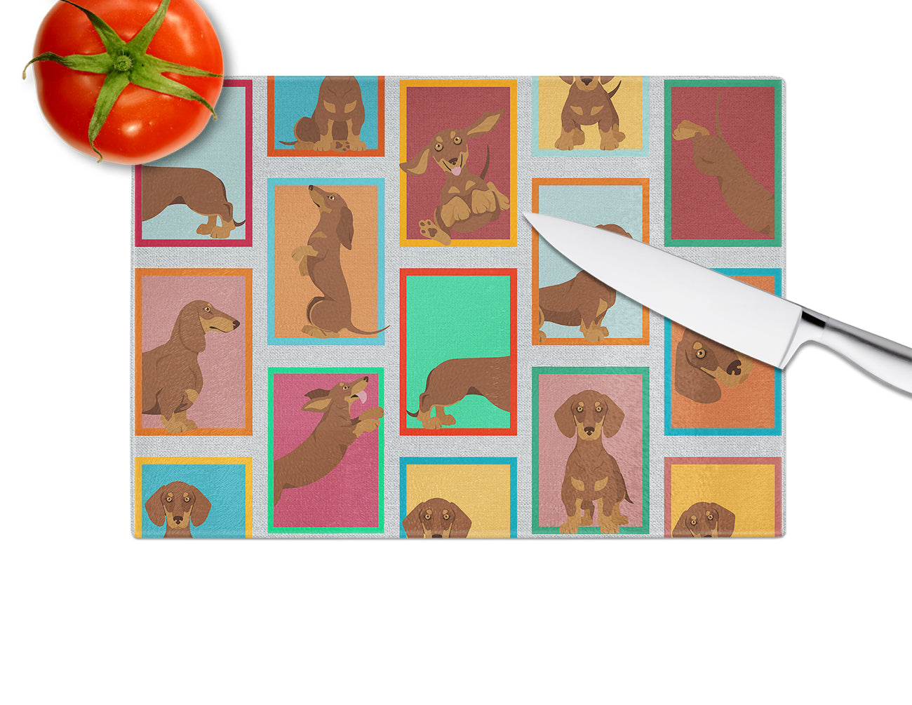 Lots of Chocolate and Tan Dachshund Cutting Board Tempered Glass Kitchen Cutting Surface, Heat Resistant Chopping, Non-Slip Feet, Food Prep & Serving