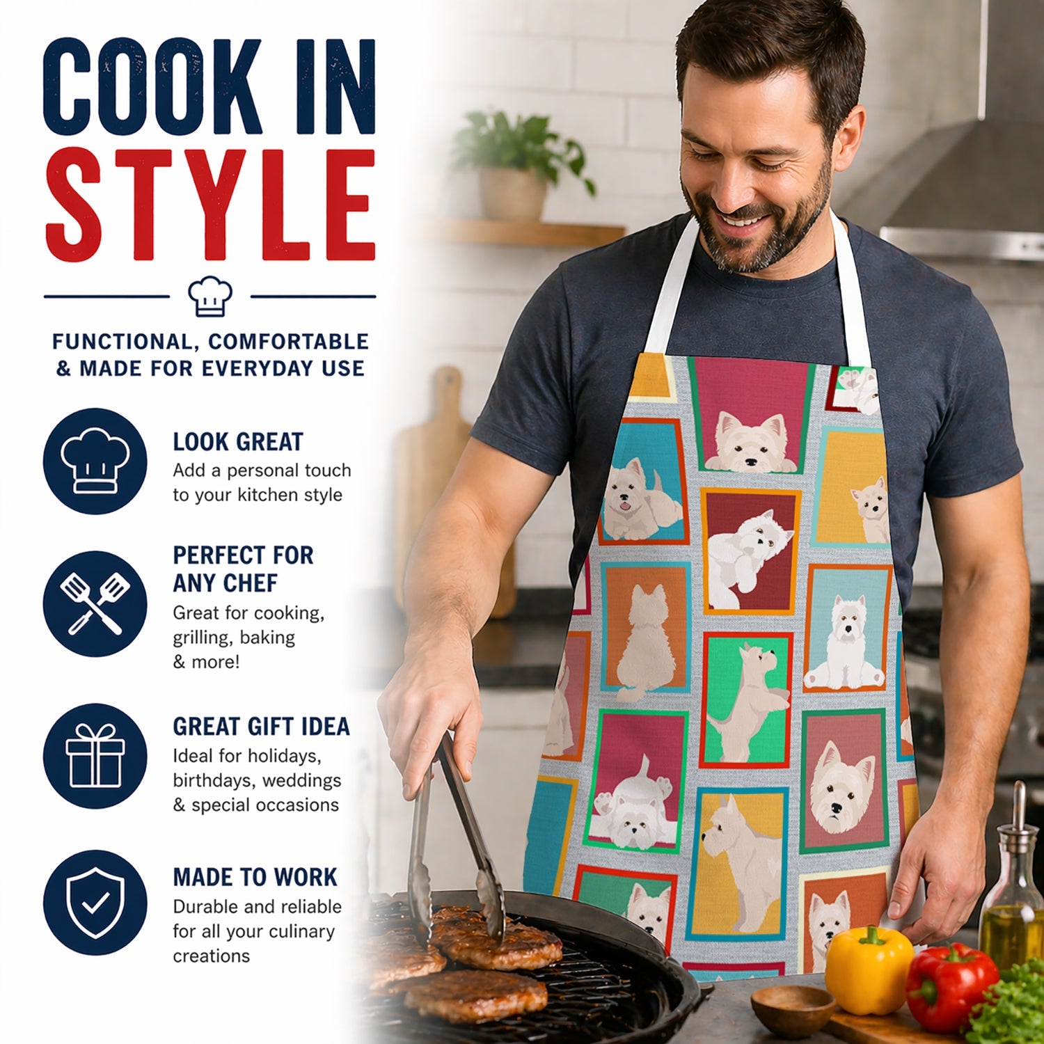 Lots of Westie Apron Cooking Kitchen Server Baking Crafts Gardening for Adult Women Men, Unisex, Large, Multicolor