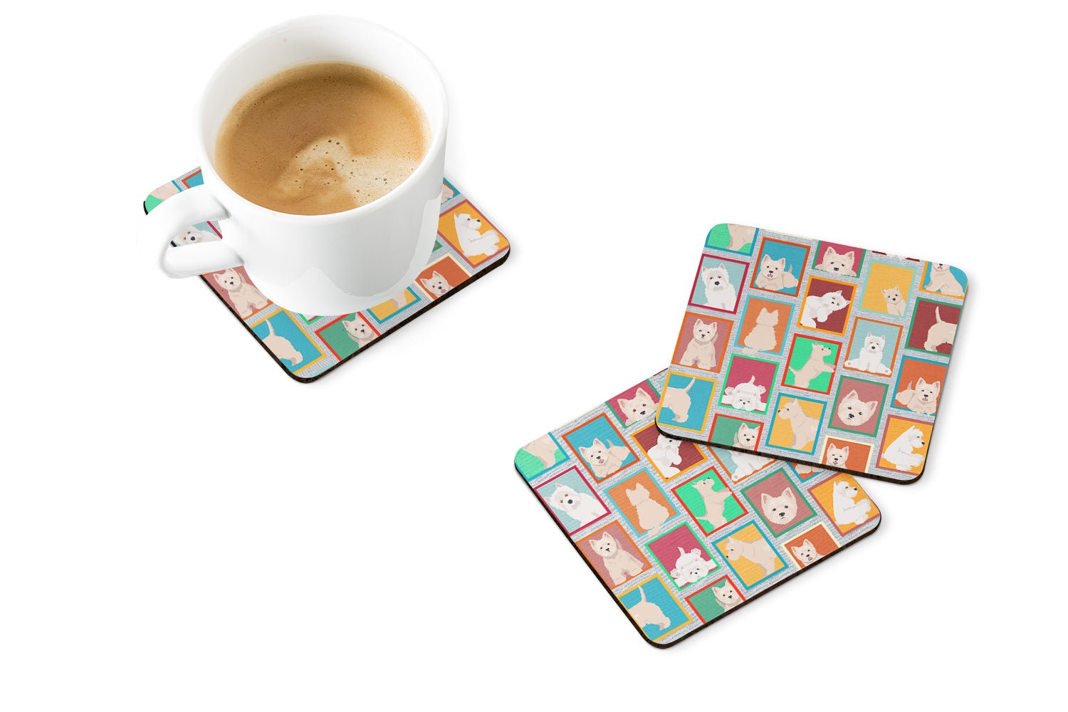 Lots of Westie Foam Coasters Set of 4 Cup Coasters for Indoor Outdoor, Tabletop Protection, Anti Slip, Mouse pad Material