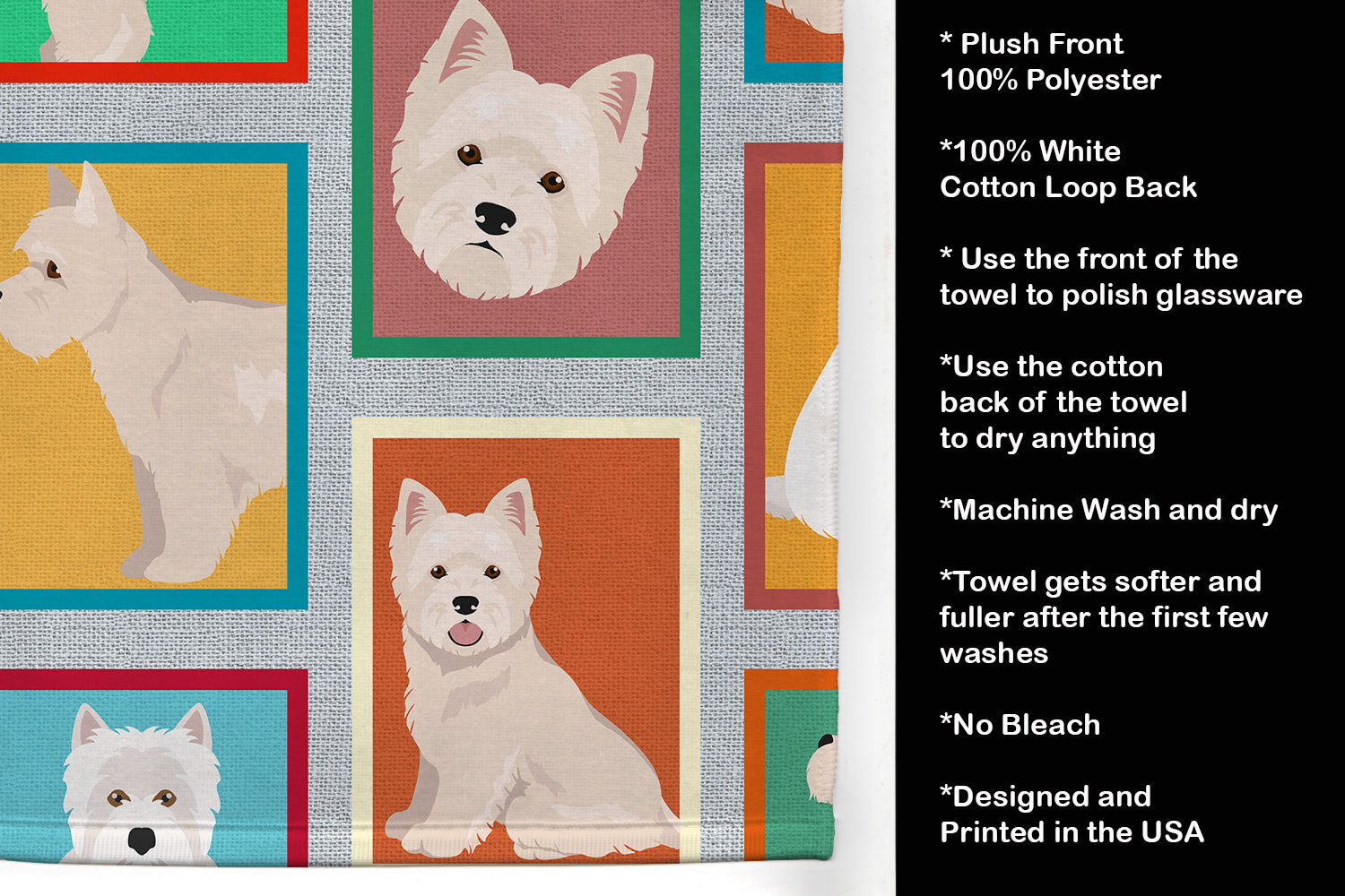 Lots of Westie Kitchen Towel Velour Plush Front and Cotton Loop Back Machine Washable