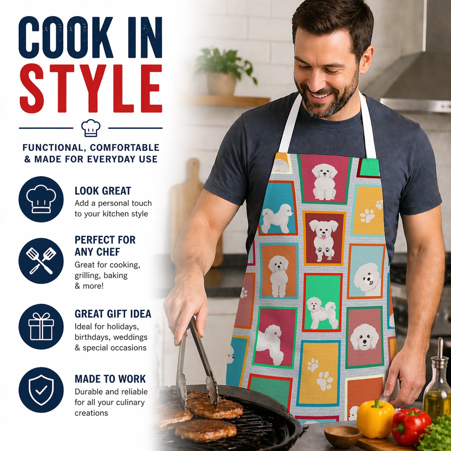 Lots of Bichon Frise Apron Cooking Kitchen Server Baking Crafts Gardening for Adult Women Men, Unisex, Large, Multicolor