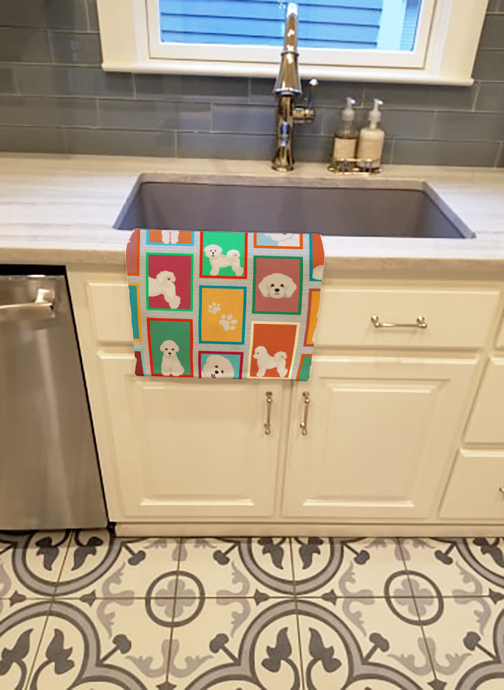 Lots of Bichon Frise Kitchen Towel Velour Plush Front and Cotton Loop Back Machine Washable