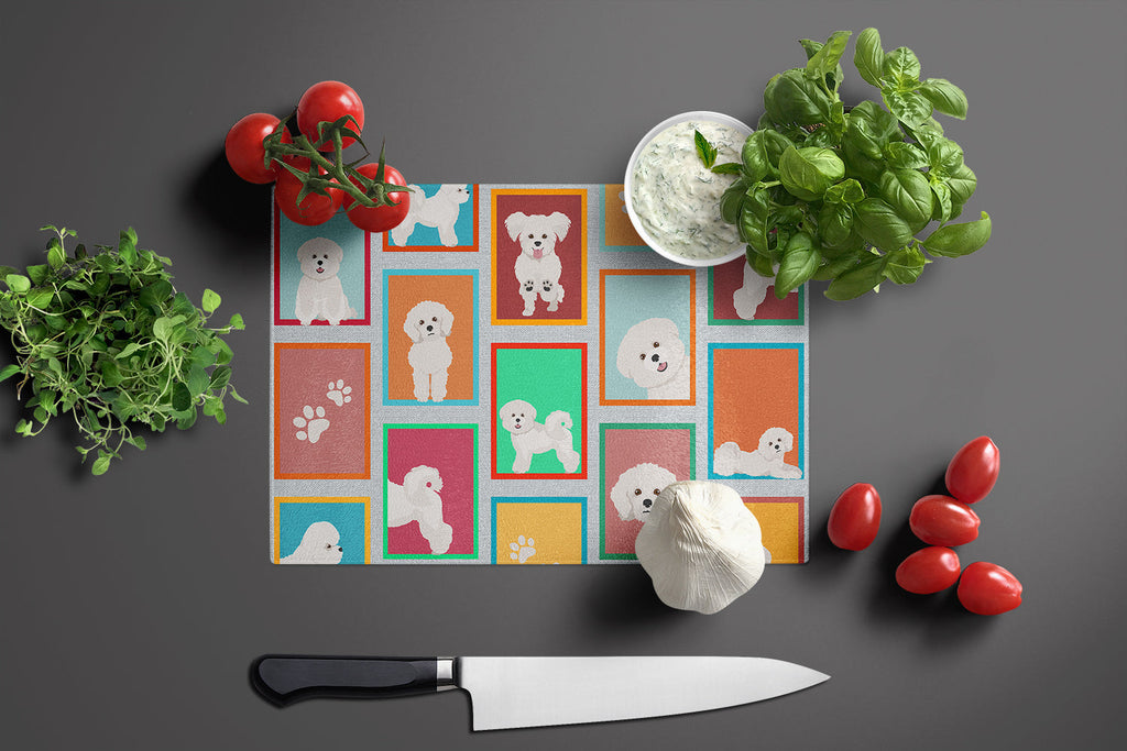 Lots of Bichon Frise Cutting Board Tempered Glass Kitchen Cutting Surface, Heat Resistant Chopping, Non-Slip Feet, Food Prep & Serving