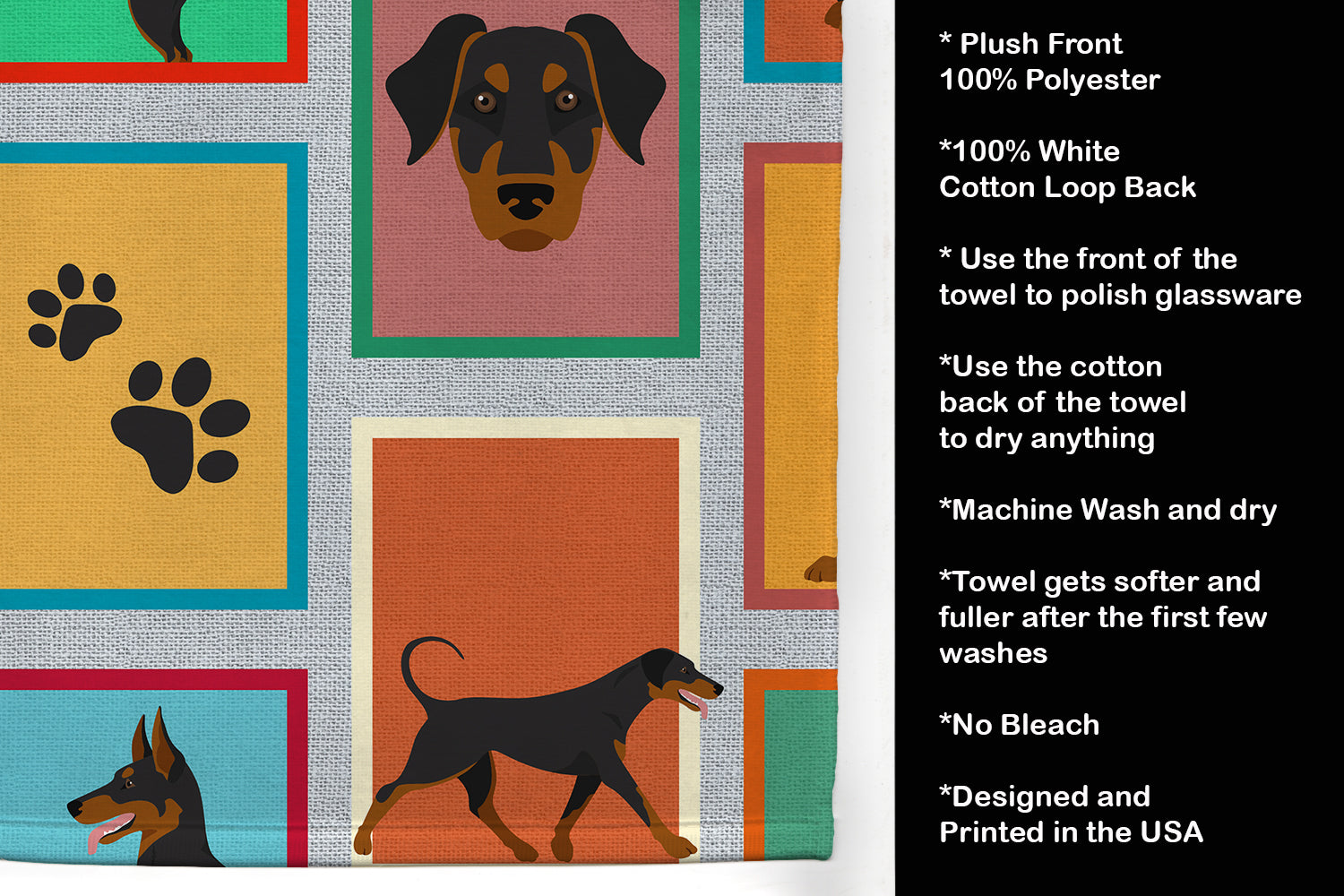 Lots of Doberman Pinscher Kitchen Towel Velour Plush Front and Cotton Loop Back Machine Washable