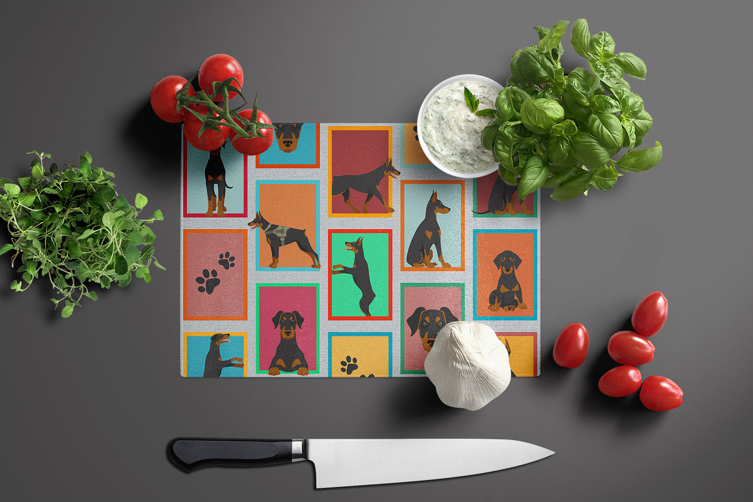 Lots of Doberman Pinscher Cutting Board Tempered Glass Kitchen Cutting Surface, Heat Resistant Chopping, Non-Slip Feet, Food Prep & Serving