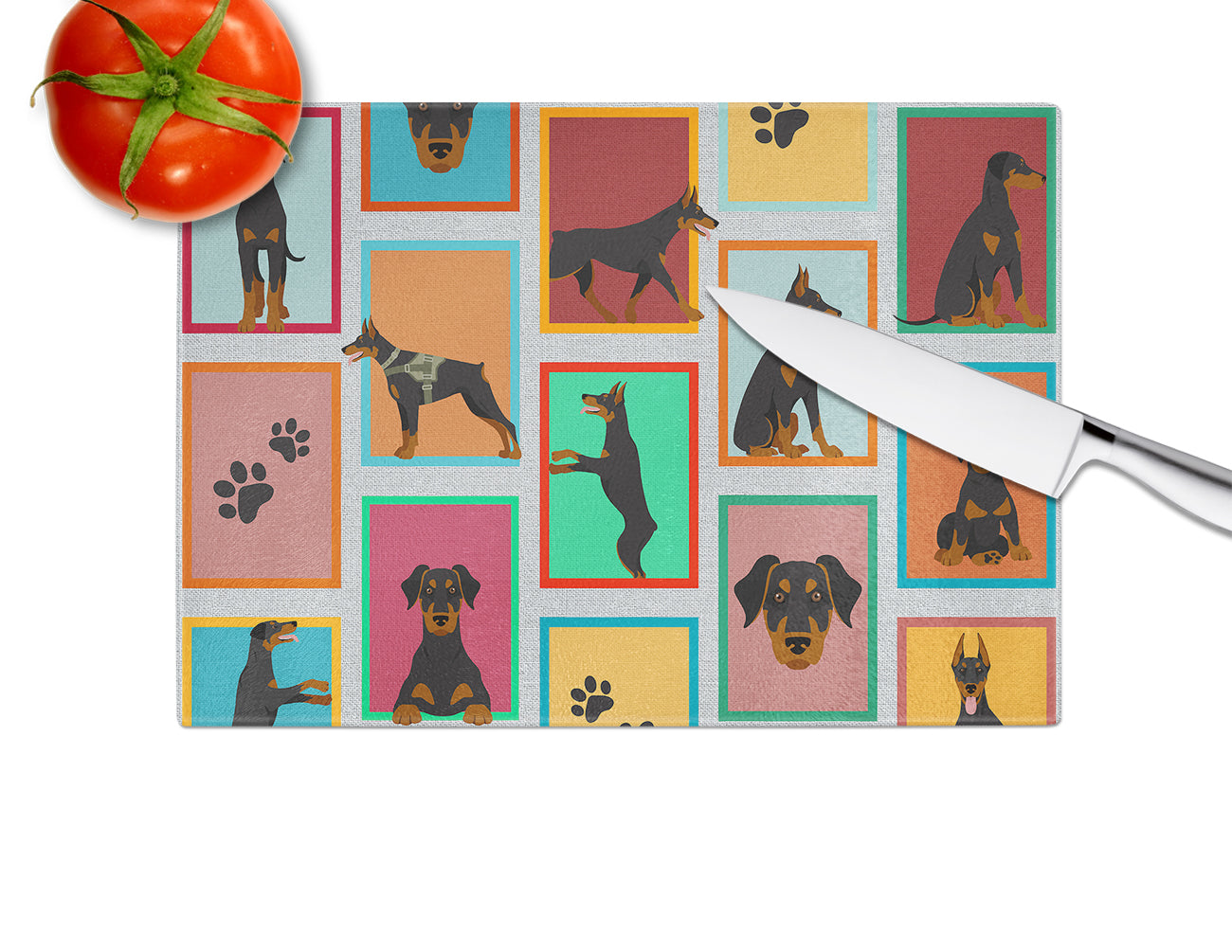 Lots of Doberman Pinscher Cutting Board Tempered Glass Kitchen Cutting Surface, Heat Resistant Chopping, Non-Slip Feet, Food Prep & Serving