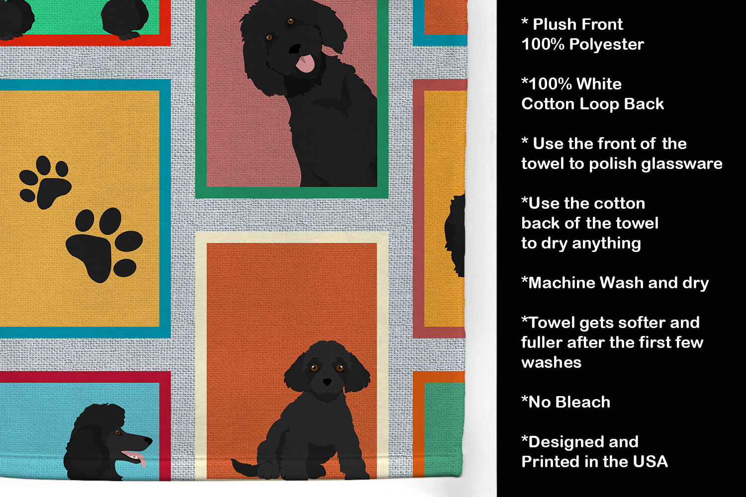 Lots of Black Standard Poodle Kitchen Towel Velour Plush Front and Cotton Loop Back Machine Washable