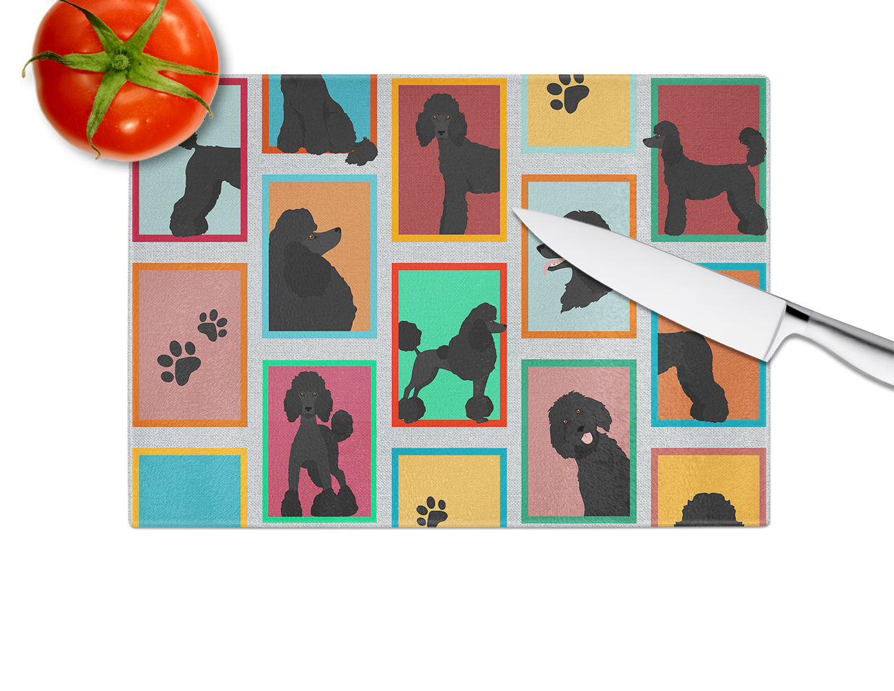 Lots of Black Standard Poodle Cutting Board Tempered Glass Kitchen Cutting Surface, Heat Resistant Chopping, Non-Slip Feet, Food Prep & Serving