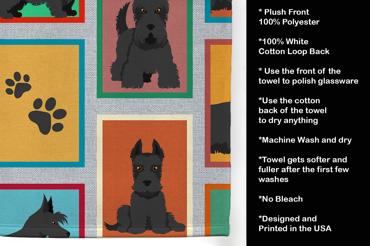 Lots of Scottish Terrier Kitchen Towel Velour Plush Front and Cotton Loop Back Machine Washable