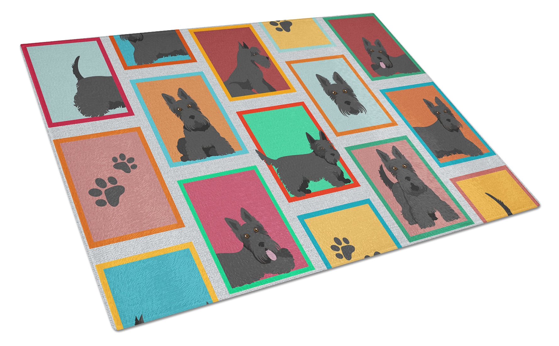 Lots of Scottish Terrier Cutting Board Tempered Glass Kitchen Cutting Surface, Heat Resistant Chopping, Non-Slip Feet, Food Prep & Serving