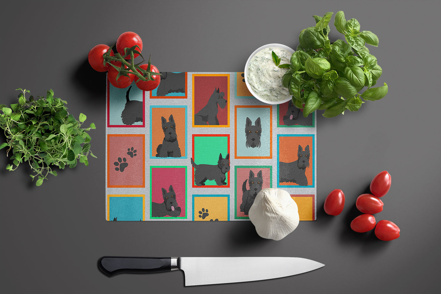 Lots of Scottish Terrier Cutting Board Tempered Glass Kitchen Cutting Surface, Heat Resistant Chopping, Non-Slip Feet, Food Prep & Serving