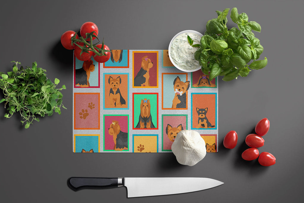 Lots of Black and Tan Yorkie Cutting Board Tempered Glass Kitchen Cutting Surface, Heat Resistant Chopping, Non-Slip Feet, Food Prep & Serving