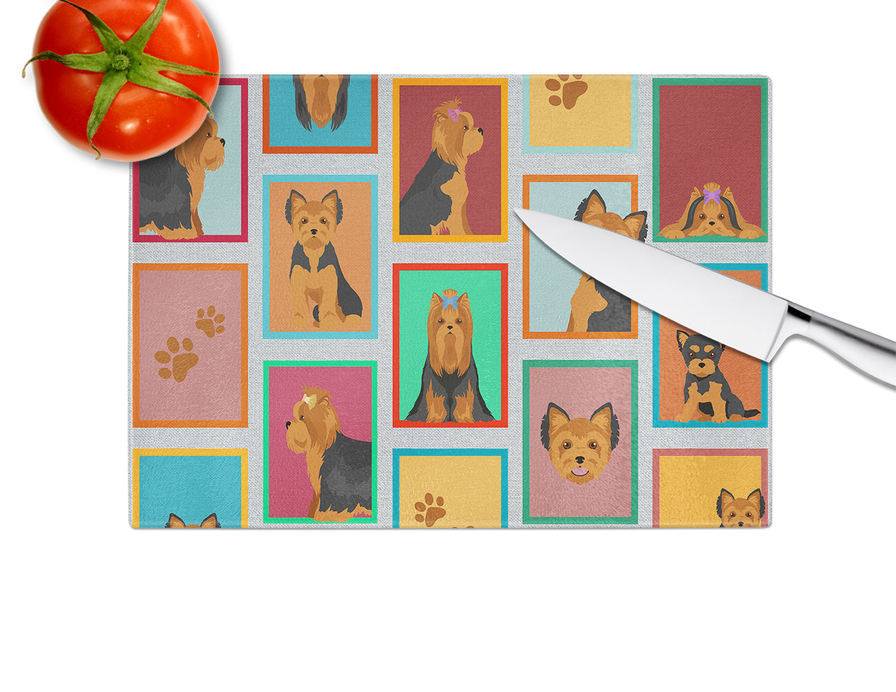 Lots of Black and Tan Yorkie Cutting Board Tempered Glass Kitchen Cutting Surface, Heat Resistant Chopping, Non-Slip Feet, Food Prep & Serving