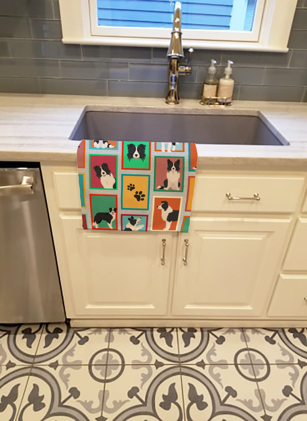 Lots of Border Collie Kitchen Towel Velour Plush Front and Cotton Loop Back Machine Washable