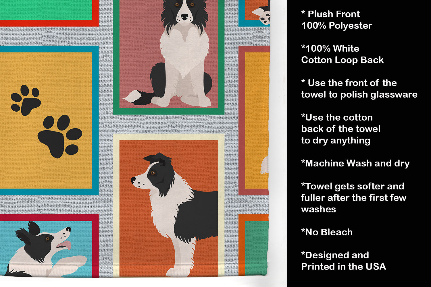 Lots of Border Collie Kitchen Towel Velour Plush Front and Cotton Loop Back Machine Washable