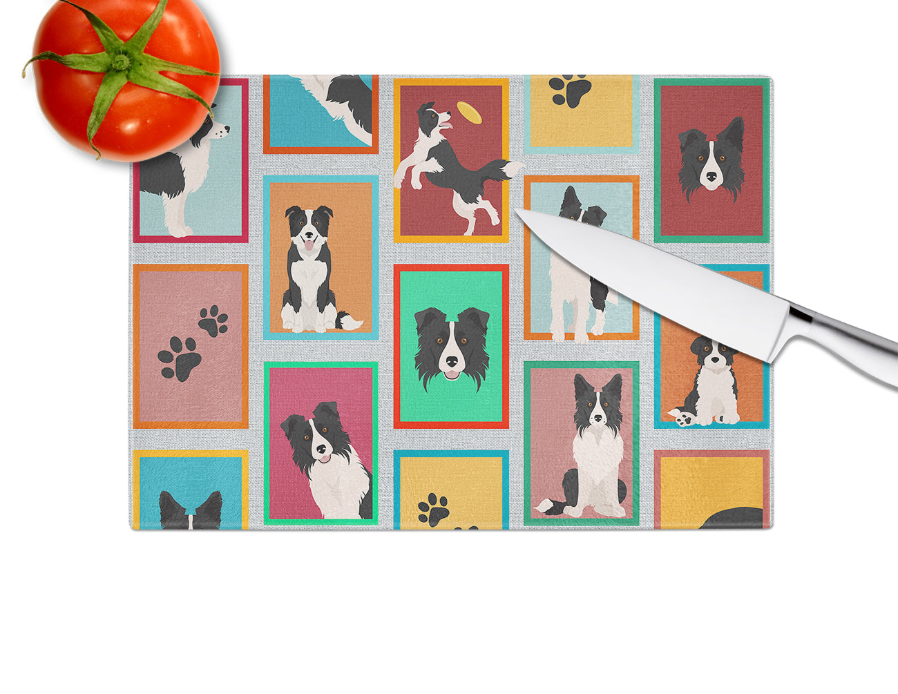 Lots of Border Collie Cutting Board Tempered Glass Kitchen Cutting Surface, Heat Resistant Chopping, Non-Slip Feet, Food Prep & Serving