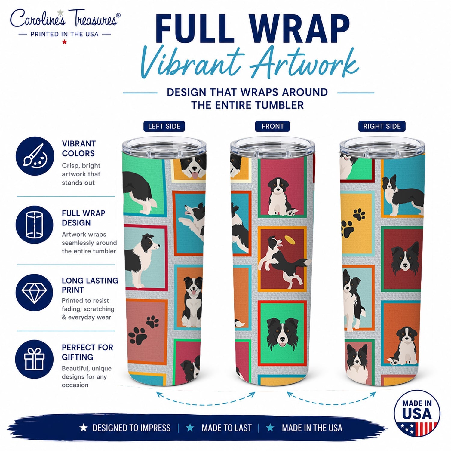 Lots of Border Collie Stainless Steel Skinny Tumbler 20 oz Vacuum Double Walled Reusable Insulated Travel Cup