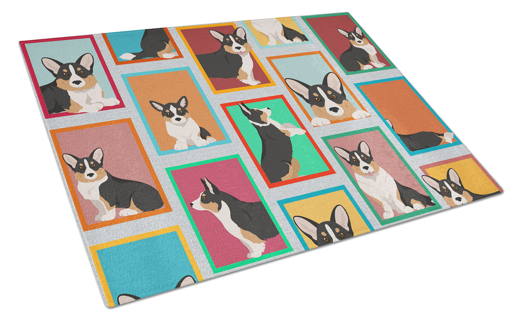 Lots of Tricolor Cardigan Corgi Cutting Board Tempered Glass Kitchen Cutting Surface, Heat Resistant Chopping, Non-Slip Feet, Food Prep & Serving