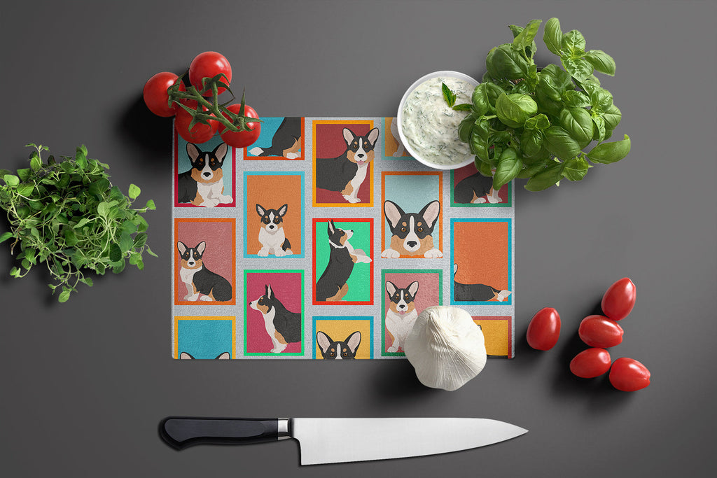 Lots of Tricolor Cardigan Corgi Cutting Board Tempered Glass Kitchen Cutting Surface, Heat Resistant Chopping, Non-Slip Feet, Food Prep & Serving