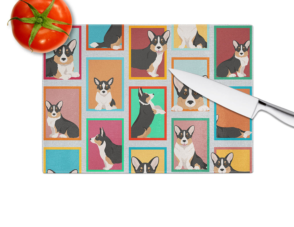Lots of Tricolor Cardigan Corgi Cutting Board Tempered Glass Kitchen Cutting Surface, Heat Resistant Chopping, Non-Slip Feet, Food Prep & Serving