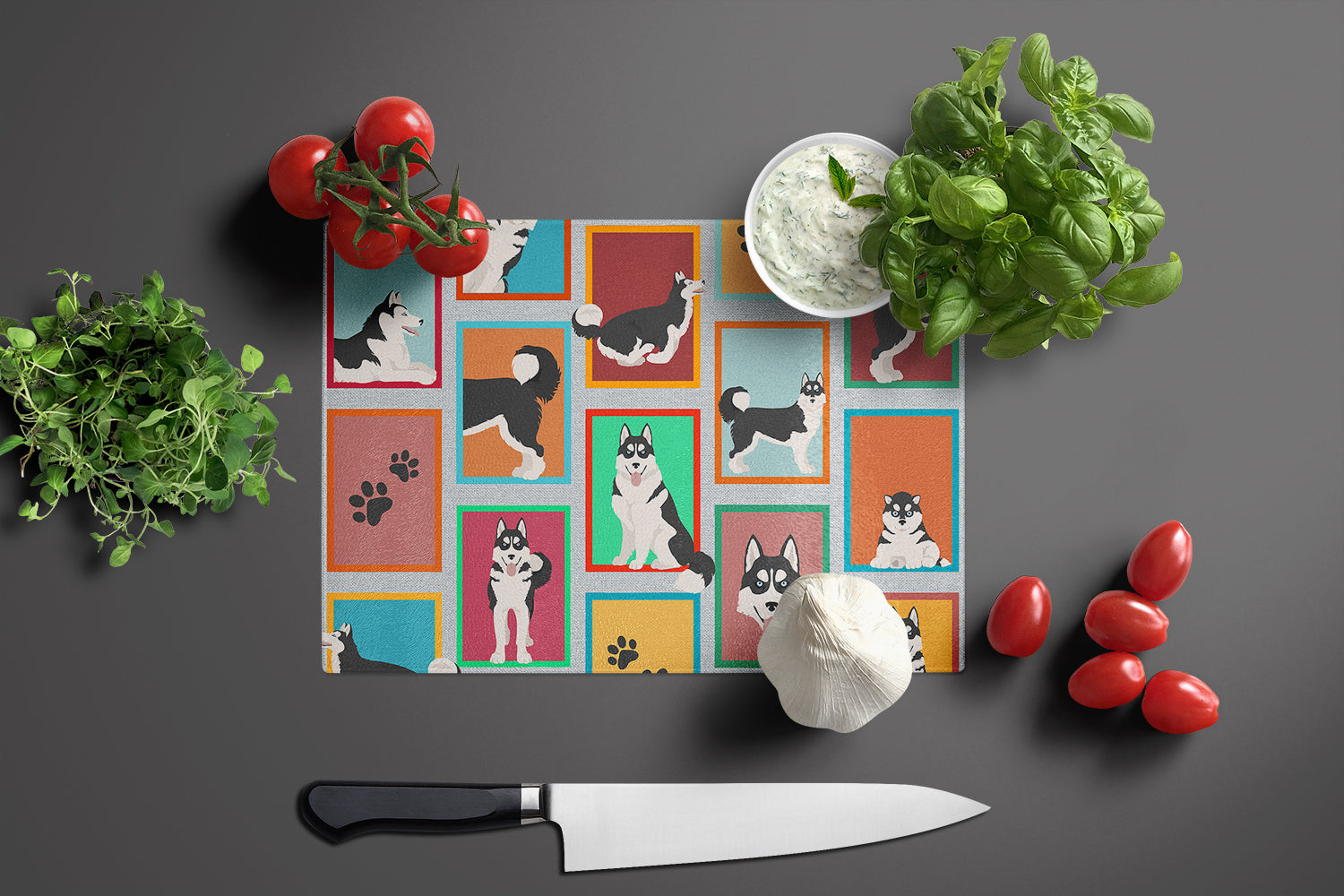 Lots of Siberian Husky Cutting Board Tempered Glass Kitchen Cutting Surface, Heat Resistant Chopping, Non-Slip Feet, Food Prep & Serving