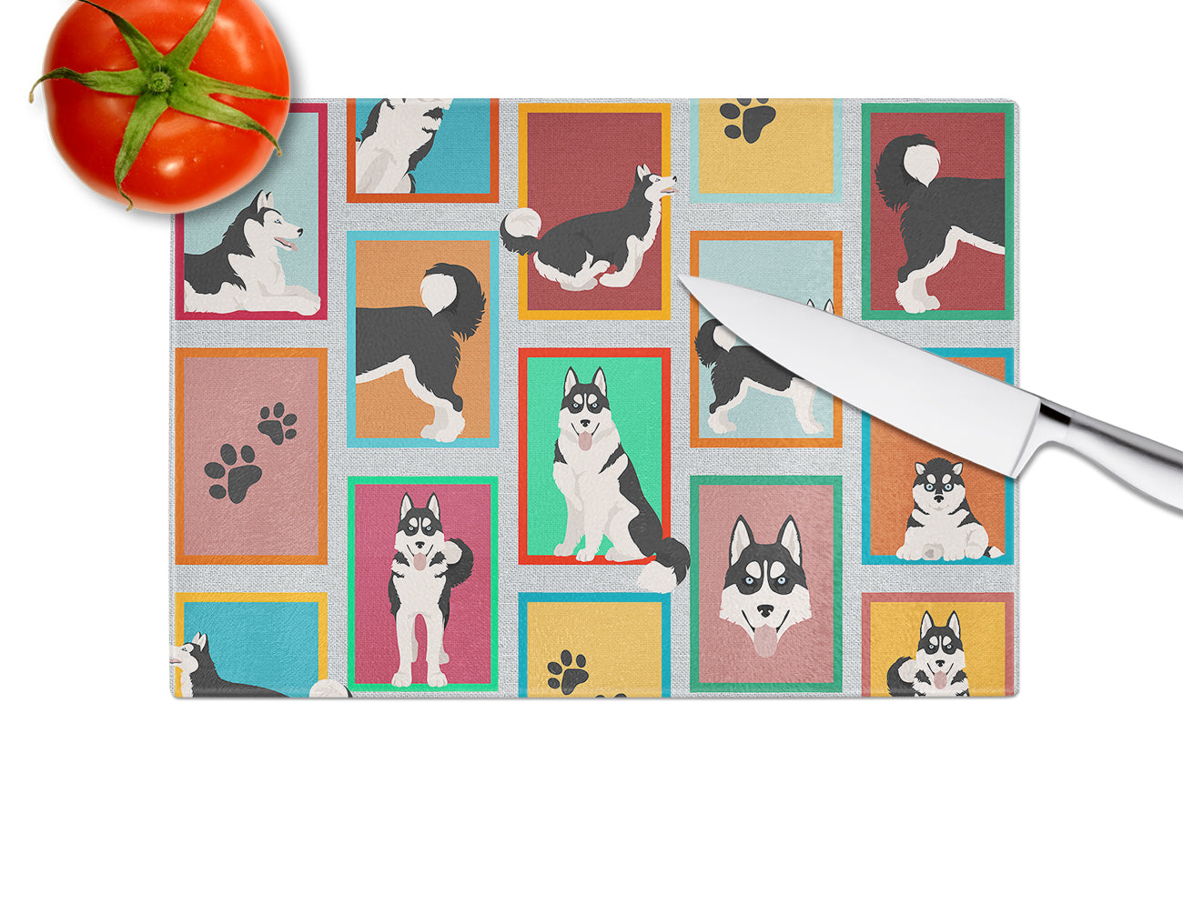 Lots of Siberian Husky Cutting Board Tempered Glass Kitchen Cutting Surface, Heat Resistant Chopping, Non-Slip Feet, Food Prep & Serving