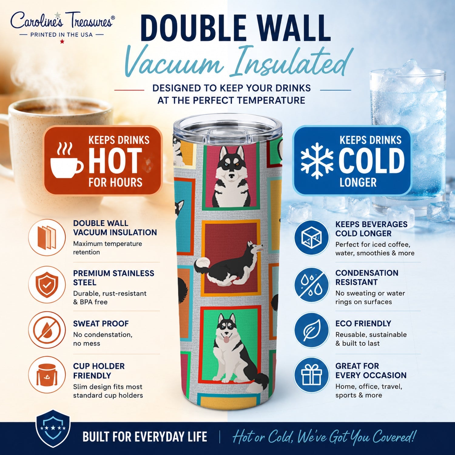 Lots of Siberian Husky Stainless Steel Skinny Tumbler 20 oz Vacuum Double Walled Reusable Insulated Travel Cup