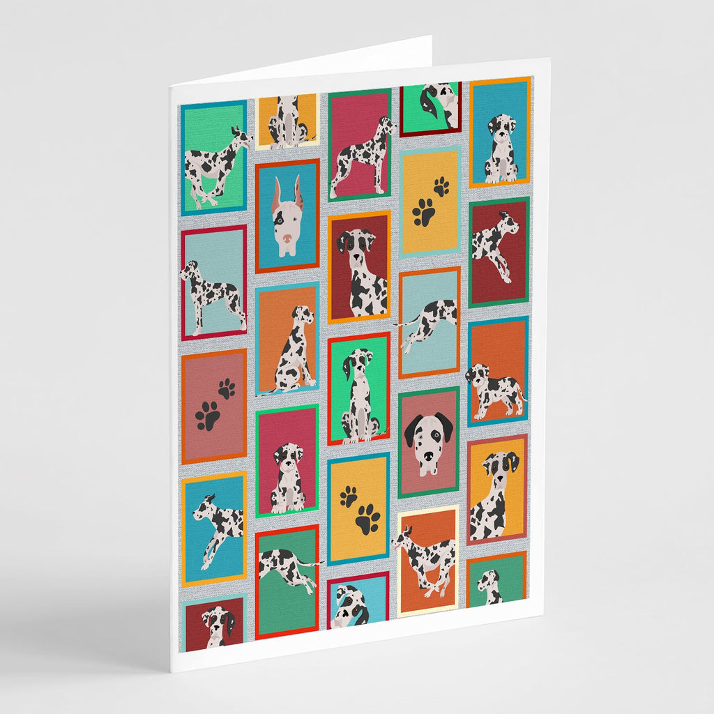 Lots of Harlequin Natural Ears Great Dane Greeting Cards Pack of 8 Blank Cards with Envelopes Whimsical A7 Size 5x7