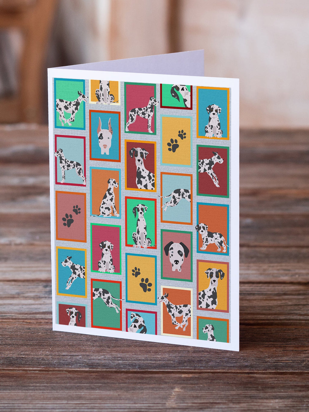 Lots of Harlequin Natural Ears Great Dane Greeting Cards Pack of 8 Blank Cards with Envelopes Whimsical A7 Size 5x7