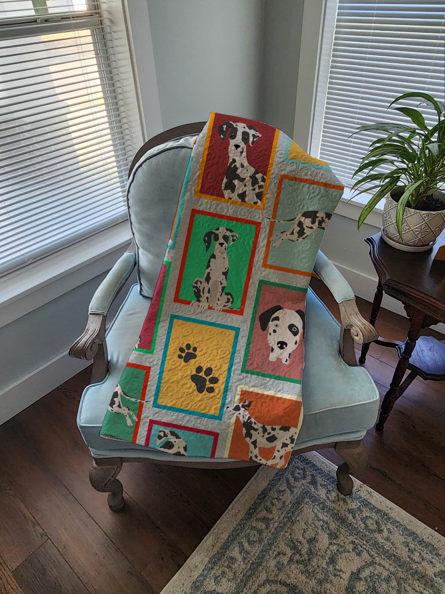 Lots of Harlequin Natural Ears Great Dane Quilted Blanket 50x60 Artwork Pattern Quilted Throw Blanket for Bed, Couch, Sofa, Soft and Lightweight