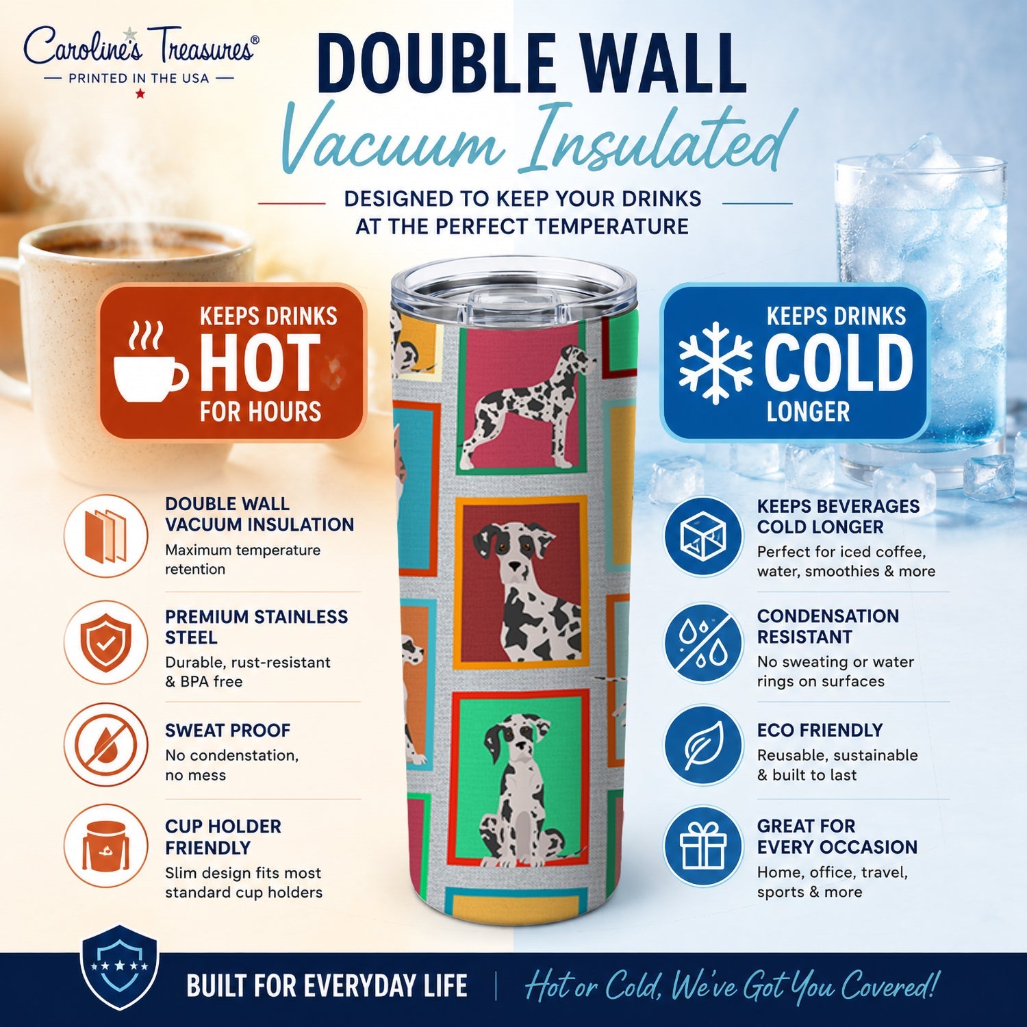 Lots of Harlequin Natural Ears Great Dane Stainless Steel Skinny Tumbler 20 oz Vacuum Double Walled Reusable Insulated Travel Cup