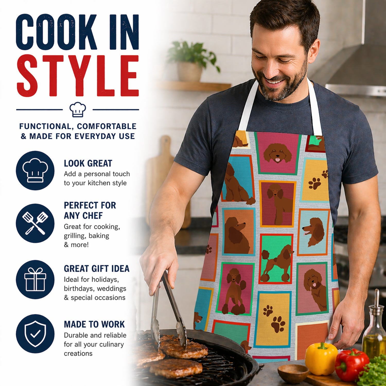 Lots of Chocolate Standard Poodle Apron Cooking Kitchen Server Baking Crafts Gardening for Adult Women Men, Unisex, Large, Multicolor