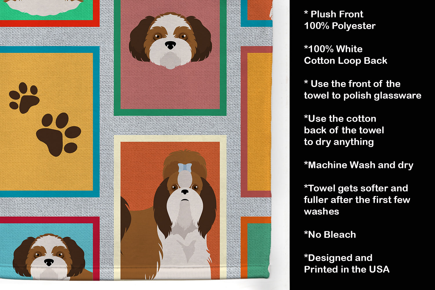 Lots of Shih Tzu Kitchen Towel Velour Plush Front and Cotton Loop Back Machine Washable
