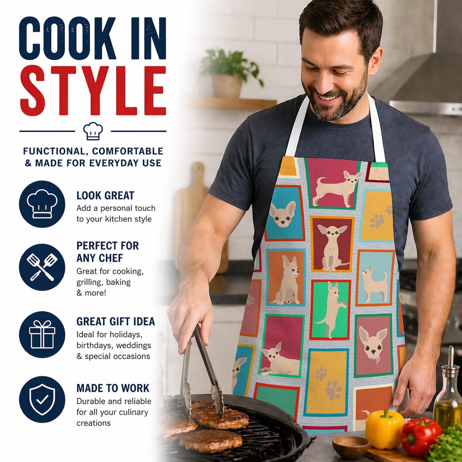 Lots of Chihuahua Apron Cooking Kitchen Server Baking Crafts Gardening for Adult Women Men, Unisex, Large, Multicolor