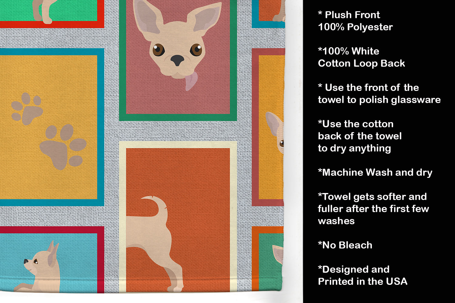 Lots of Chihuahua Kitchen Towel Velour Plush Front and Cotton Loop Back Machine Washable