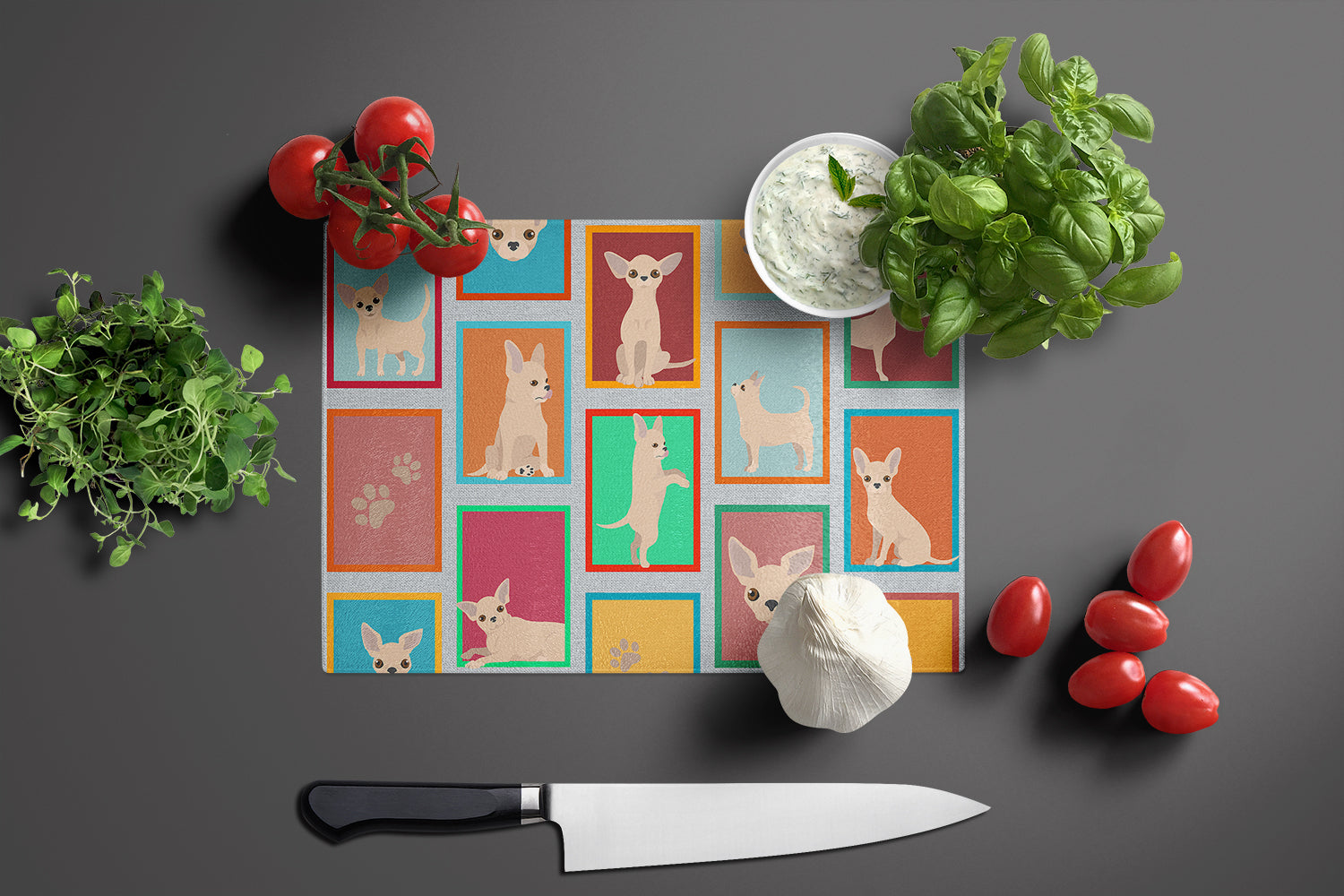 Lots of Chihuahua Cutting Board Tempered Glass Kitchen Cutting Surface, Heat Resistant Chopping, Non-Slip Feet, Food Prep & Serving