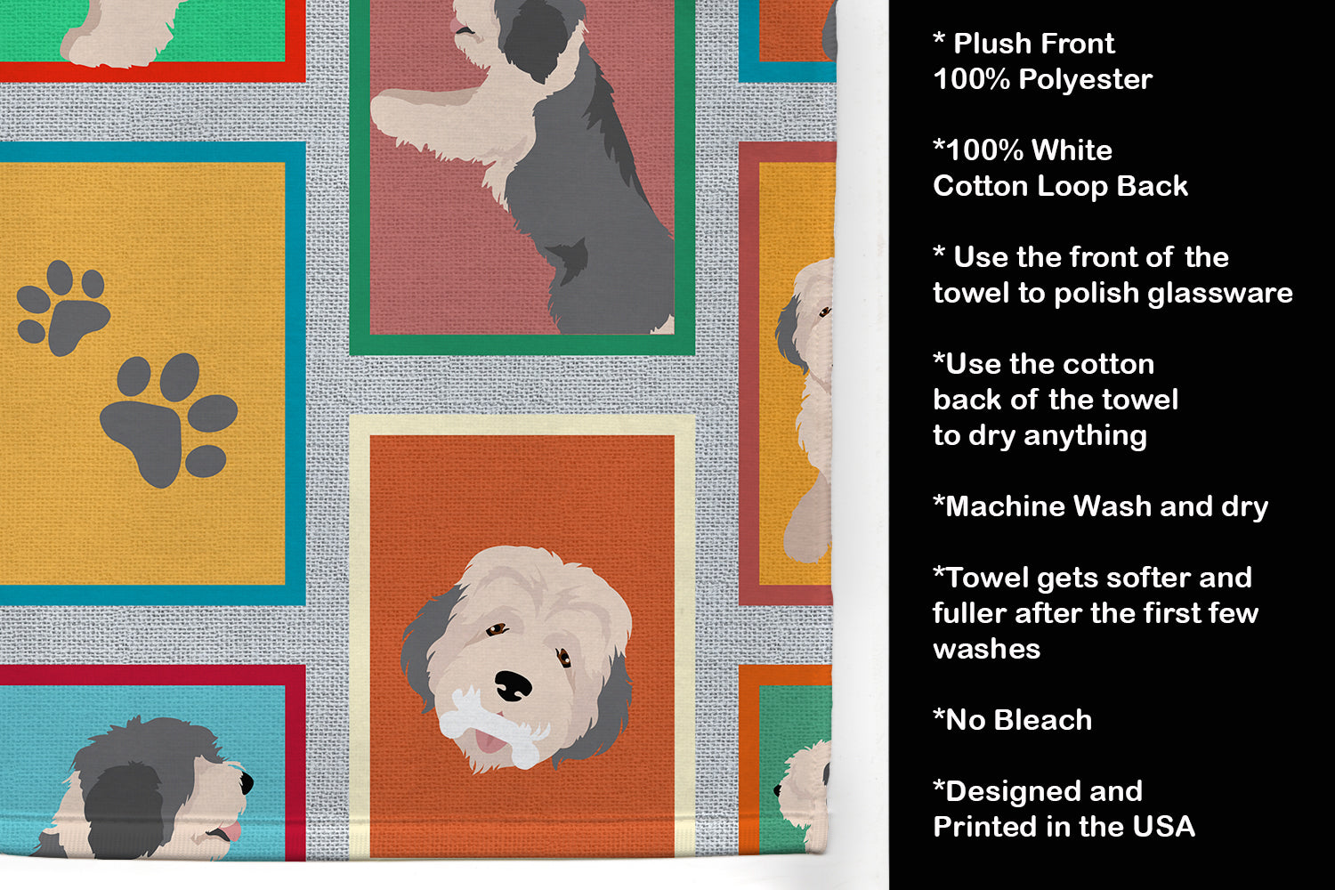 Lots of Old English Sheepdog Kitchen Towel Velour Plush Front and Cotton Loop Back Machine Washable