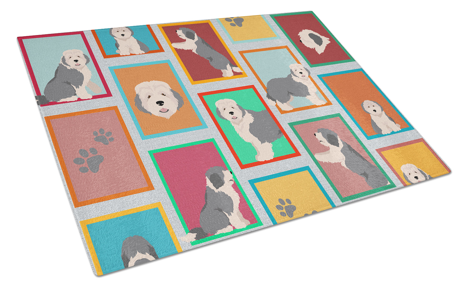 Lots of Old English Sheepdog Cutting Board Tempered Glass Kitchen Cutting Surface, Heat Resistant Chopping, Non-Slip Feet, Food Prep & Serving