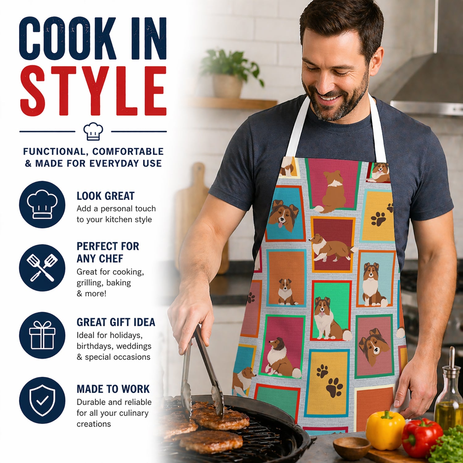 Lots of Sheltie Apron Cooking Kitchen Server Baking Crafts Gardening for Adult Women Men, Unisex, Large, Multicolor