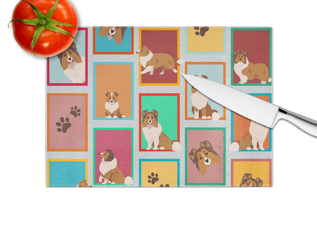 Lots of Sheltie Cutting Board Tempered Glass Kitchen Cutting Surface, Heat Resistant Chopping, Non-Slip Feet, Food Prep & Serving