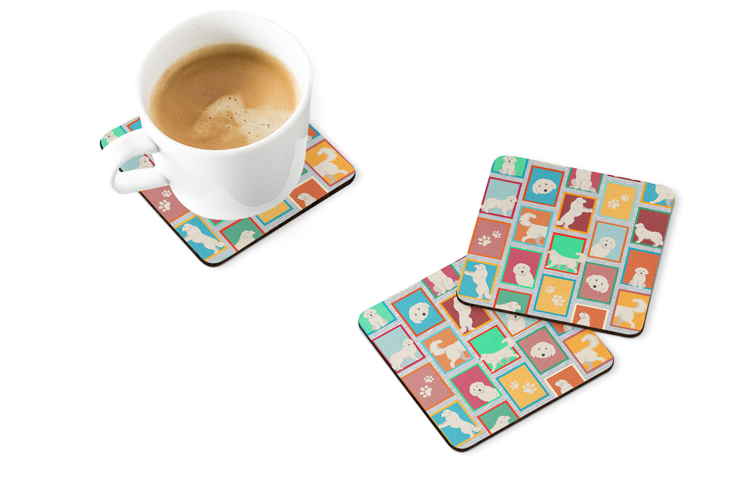 Lots of Great Pyrenees Foam Coasters Set of 4 Cup Coasters for Indoor Outdoor, Tabletop Protection, Anti Slip, Mouse pad Material