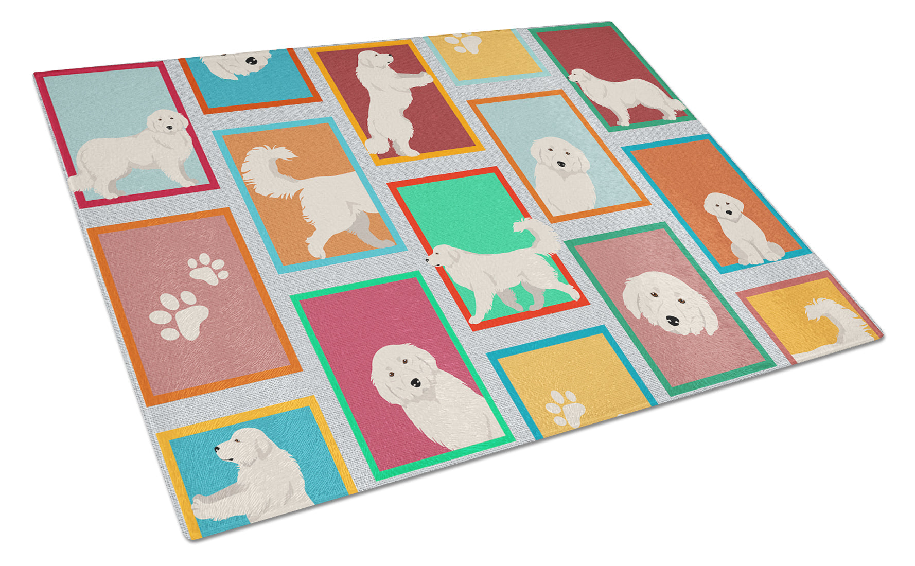 Lots of Great Pyrenees Cutting Board Tempered Glass Kitchen Cutting Surface, Heat Resistant Chopping, Non-Slip Feet, Food Prep & Serving