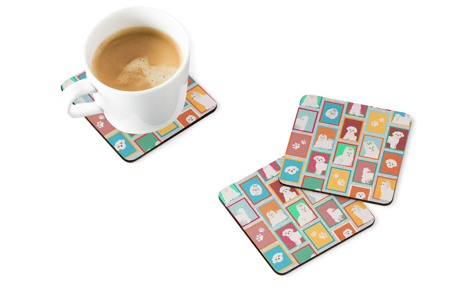 Lots of Maltese Foam Coasters Set of 4 Cup Coasters for Indoor Outdoor, Tabletop Protection, Anti Slip, Mouse pad Material