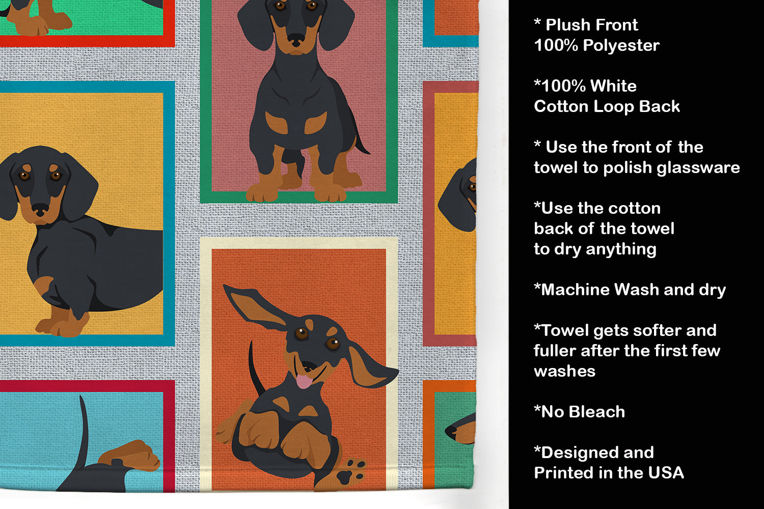 Lots of Black and Tan Dachshund Kitchen Towel Velour Plush Front and Cotton Loop Back Machine Washable
