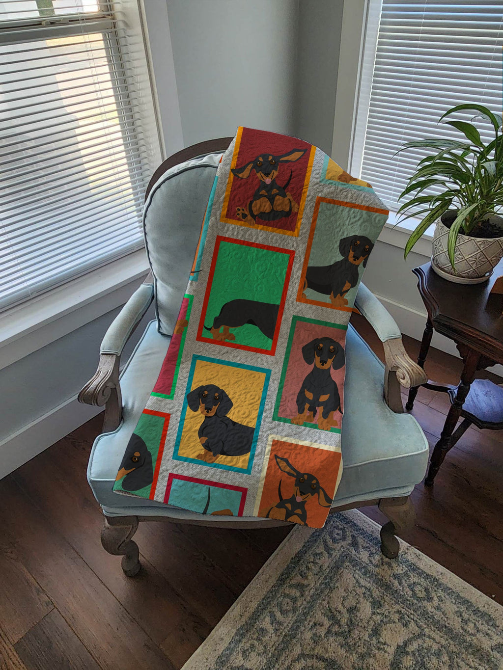 Lots of Black and Tan Dachshund Quilted Blanket 50x60 Artwork Pattern Quilted Throw Blanket for Bed, Couch, Sofa, Soft and Lightweight