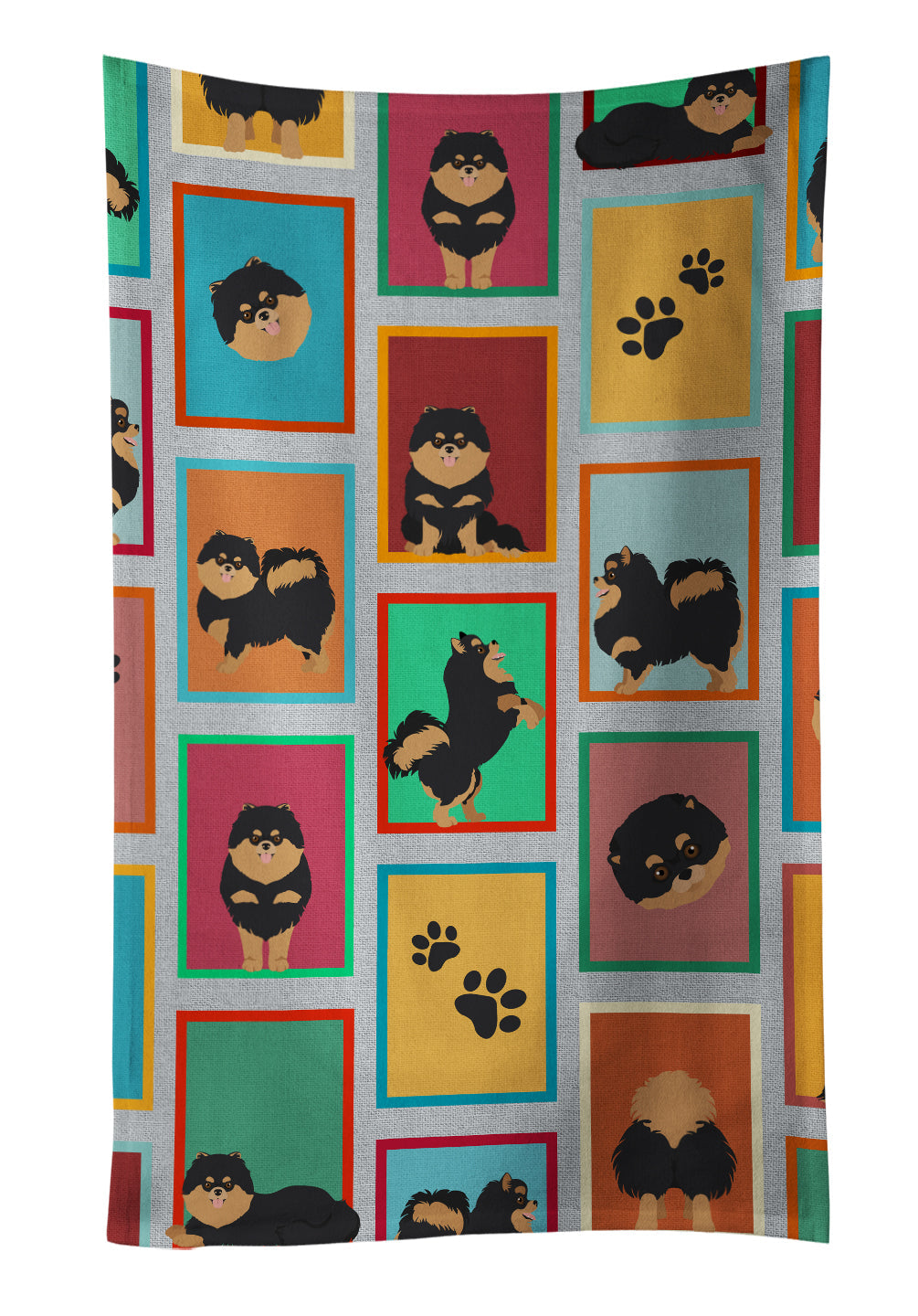 Lots of Black and Tan Pomeranian Kitchen Towel Velour Plush Front and Cotton Loop Back Machine Washable