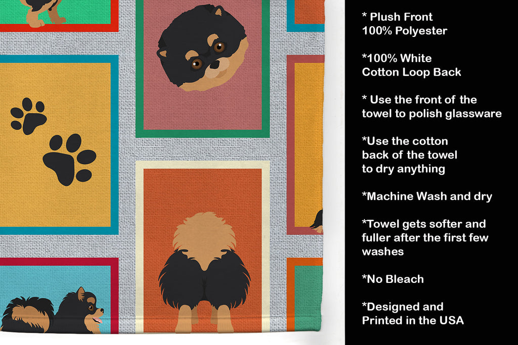 Lots of Black and Tan Pomeranian Kitchen Towel Velour Plush Front and Cotton Loop Back Machine Washable